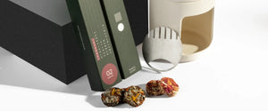 Closeup von Duftchips und Metallplatte, mit Verpackung und Teil des Keramik Stoves